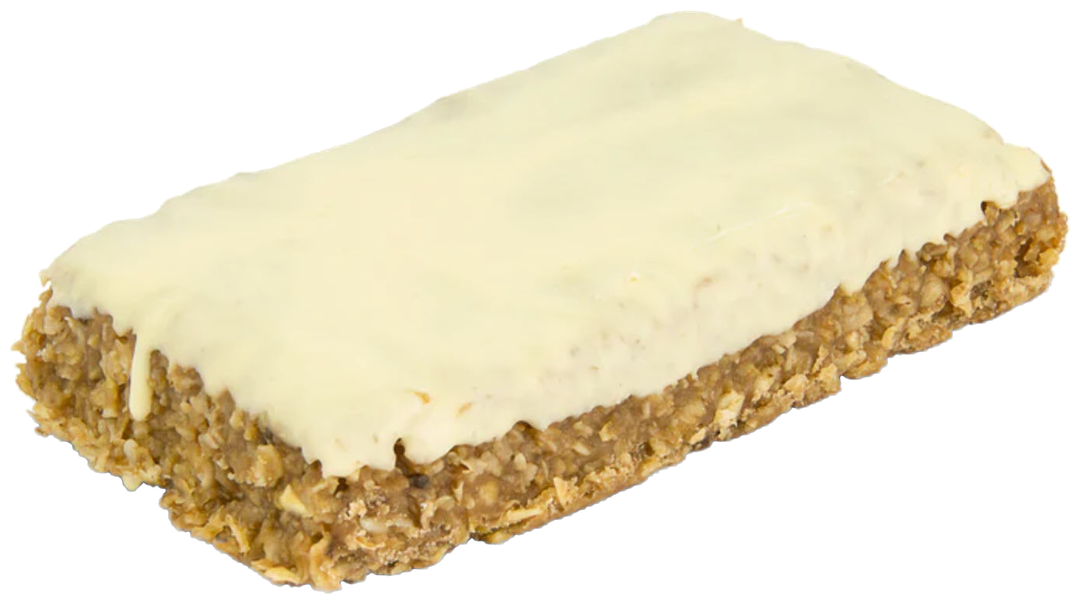 Unverpackter CaloCake Riegel Cookies & Cream mit heller Glasur und sichtbaren Haferflocken