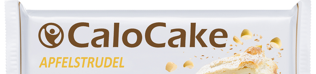 Verpackung CaloCake Apfelstrudel, Haferriegel 125 g, Ausschnitt mit Wortmarke und Apfelstrudelmotiv