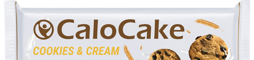 Verpackung CaloCake Cookies & Cream, Haferriegel 125 g, Ausschnitt mit Wortmarke und Keksmotiv