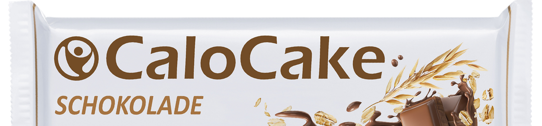 Verpackung CaloCake Schokolade, Haferriegel 125 g, Ausschnitt mit Wortmarke und Schokoladenmotiv